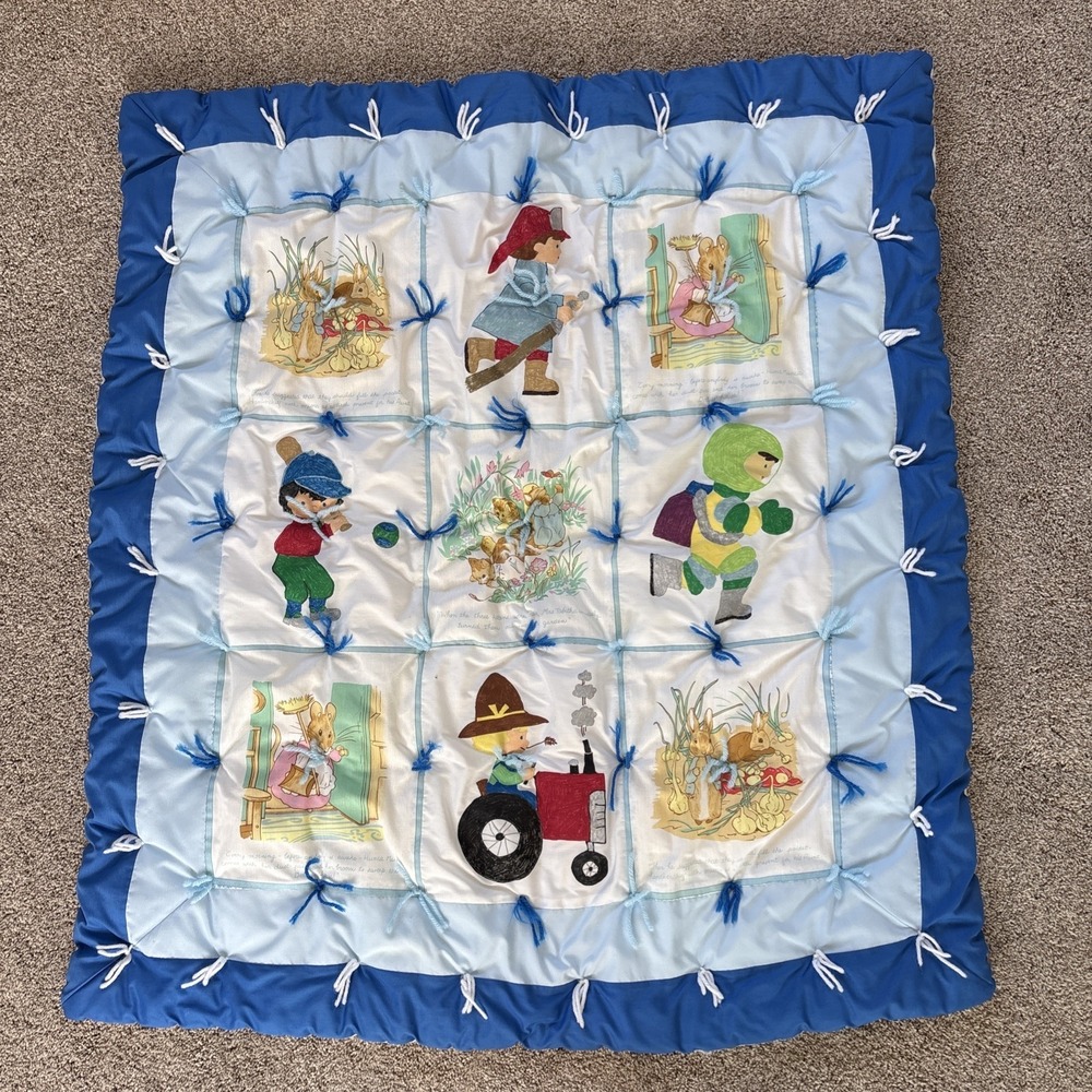 Vtg‎ Baby Nursery Quilt Yarn Tied Peter Rabbit Koala Bear Flannel Blanket